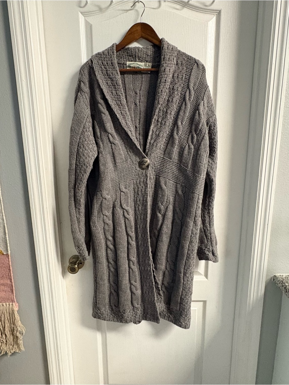 Aran Crafts Gray Cable-Knit Shawl-Collar Cardigan